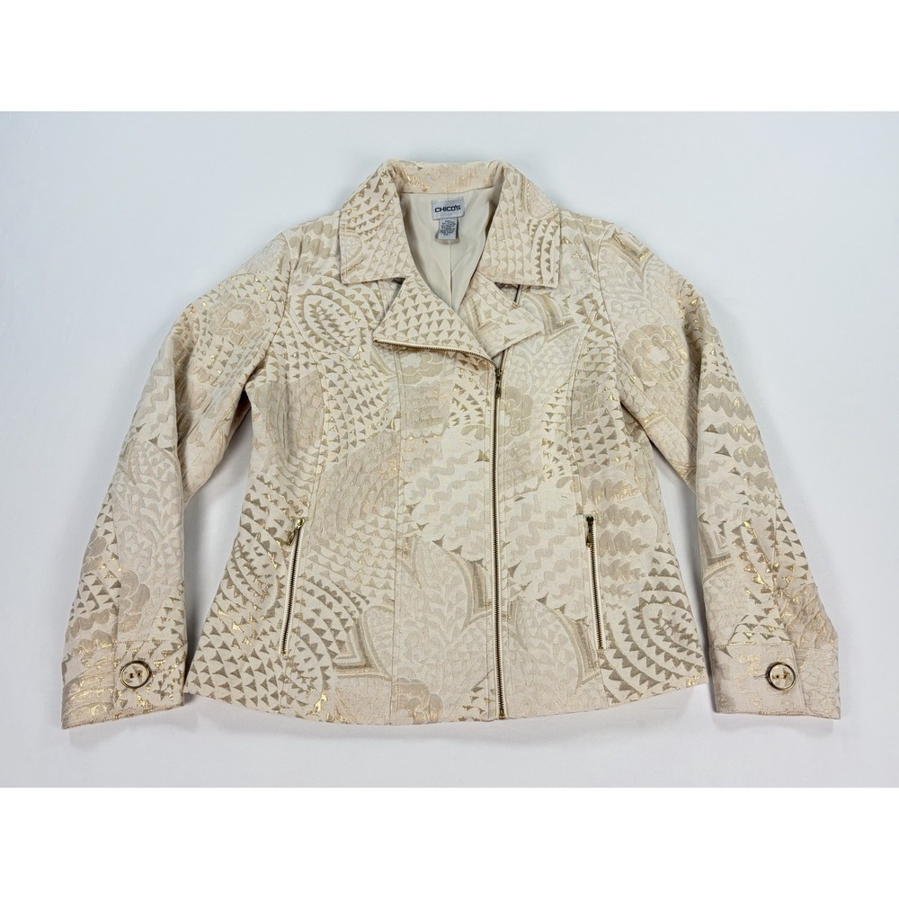 Vintage Chicos Gold Metallic Jacquard Brocade Zip Blazer Jacket Women's 1 M Y2K